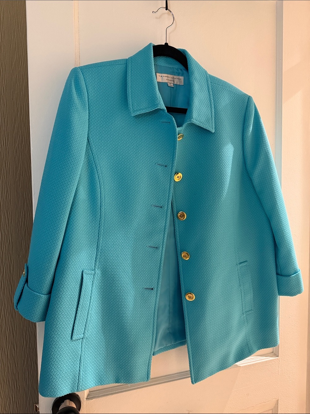 Women's Turquoise Pea Coat with Gold Buttons